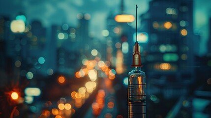 Highcontrast cinematic image of a syringe in the foreground, city life blurred in the background - obrazy, fototapety, plakaty