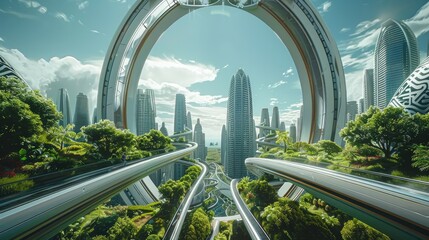 A riding a futuristic roller coaster into a green eco friendly modern city. Generative AI.