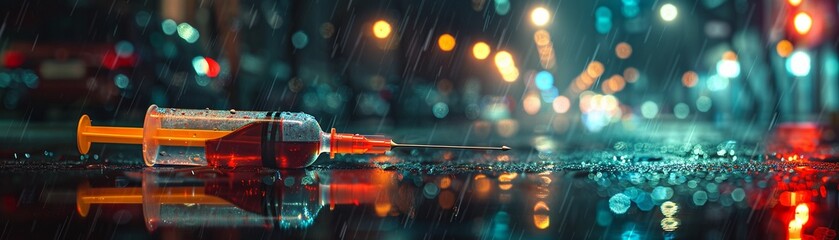 Cinematic and stark portrayal of a syringe on a rainy street, reflective of drug despair - obrazy, fototapety, plakaty