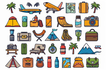 Mini icons on the theme of tourism, for graphics and web page banners. 