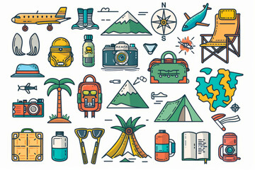 Mini stickers on the theme of tourism, for graphics and web page banners. 