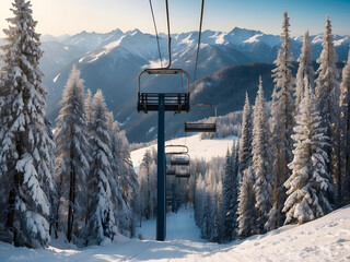 Empty the ski lift cabin over the snow-capped mountain and forest—ski or skiing background. It is a beautiful natural landscape. Panorama view. Winter vacation, resort - obrazy, fototapety, plakaty