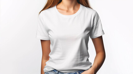 Mockup of clothes worn by a model. Close up of full upper body part from hip to neck on plain background. A woman wearing a basic white t-shirt on a plain white background.