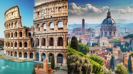 Colosseum and Imperial Forum, Traian Column and Santa Maria di Loreto Church in Rome Italy travel destination and other landmarks of ROM in an image. Generated with AI - Powered by Adobe