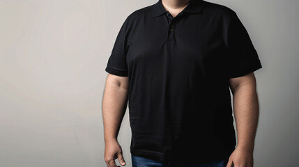 Mockup of clothes worn by a model. Close up of full upper body part from hip to neck on plain background. A plus size man wearing a basic black polo shirt on a plain grey background.