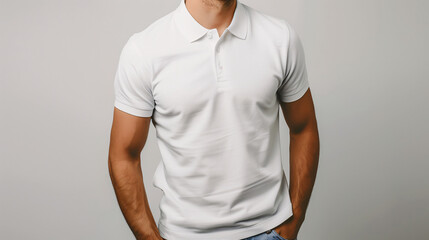 Mockup of clothes worn by a model. Close up of full upper body part from hip to neck on plain background. A man wearing a basic white polo shirt on a plain beige background.