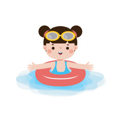 Kid wearing float rings, Cute Kids cartoon Pool party characters, child spending holidays in seaside or swimming pool on white background Vector illustration