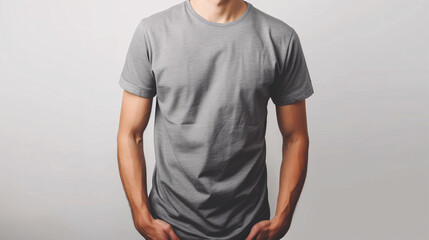Mockup of clothes worn by a model. Close up of full upper body part from hip to neck on plain background. A man wearing a basic grey t-shirt on a plain light grey background.