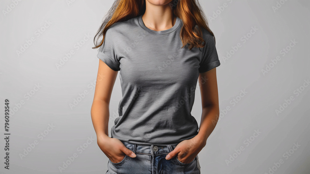 Wall mural Mockup of clothes worn by a model. Close up of full upper body part from hip to neck on plain background. A woman wearing a basic medium grey t-shirt on a plain light grey background.