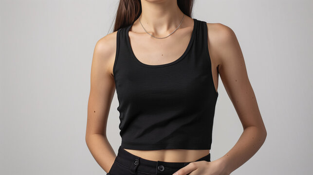 Mockup of clothes worn by a model. Close up of full upper body part from hip to neck on plain background. A woman wearing a basic crop black tank top on a plain light grey background.