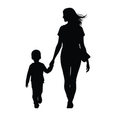 Mom and son, mother and son black silhouette.