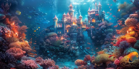 Magical underwater castle with coral turrets and schools of tropical fish greeting smiling merfolk