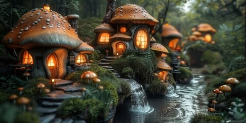 Obraz premium Enchanted forest glade with frolicking critters, mushroom houses, and twinkling firefly lanterns 