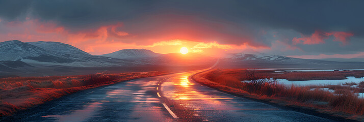 sunset in the mountains,
 Sunrise over highway at Bealach na Ba in Scotlan