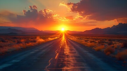 Mirage Shimmers on Empty Highway Under Hot Sun. Concept Desert Scenery, Optical Illusion, Heat Haze, Remote Roadways, Surreal Atmosphere