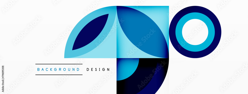 Poster a modern logo design in electric blue and azure, featuring circles and squares in a pattern resembli