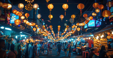 Fireworks night market, bustling and colorful, neon glow, food stalls, crowds of people,...