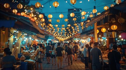 Obraz premium Fireworks night market, bustling and colorful, neon glow, food stalls, crowds of people, traditional lanterns, vibrant atmosphere. Generative AI.