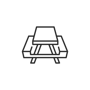 recommend clip art: Picnic Table icon. Simplistic depiction of a picnic table, ideal for denoting outdoor dining areas, parks, and recreational spaces. Vector illustration