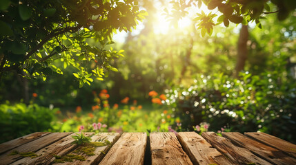 A picturesque spring scene with verdant foliage, blossoming branches, and a sun-drenched empty wooden table.