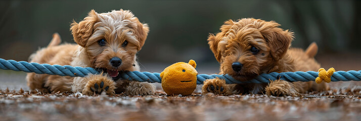 golden retriever puppy playing with ball,
Dogs playing tug of  war stuffed animal  - obrazy, fototapety, plakaty