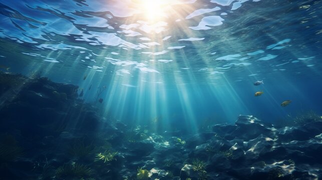 Small canyon underwater carved by the swell into the fore reef with sunlight through water surface