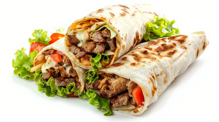A mouthwatering shawarma, loaded with flavorful ingredients, isolated on a pristine white background. The shawarma's succulent meat, fresh vegetables, and savory sauces are beautifully presented