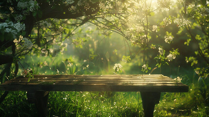 A serene spring scene with abundant greenery, blossoming branches, and a sunlit empty wooden table. - obrazy, fototapety, plakaty