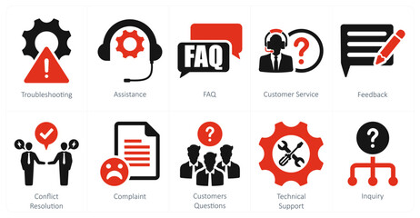 A set of 10 customer service icons as  troubleshooting, assistance, faq