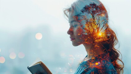 Dedicated Educator Embracing Knowledge - Double Exposure Portrait of a Teacher in Campus Setting - obrazy, fototapety, plakaty