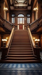 Low angle classic building main stairway hall architecture staircase stairs.