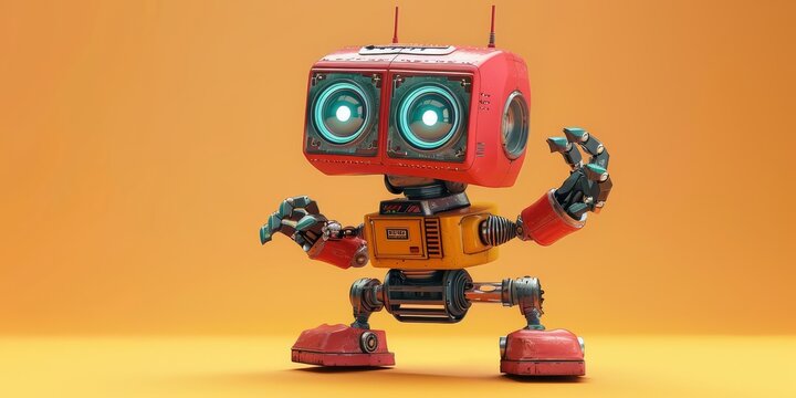 Retro robot dances to upbeat swing music, bobbing its antennae and clapping claw hands 