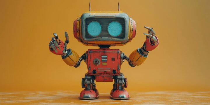 Retro robot dances to upbeat swing music, bobbing its antennae and clapping claw hands 