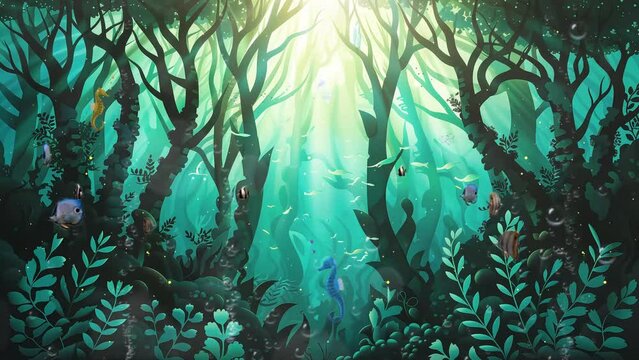 underwater forest paper cut template with towering. seamless looping overlay 4k virtual video animation background