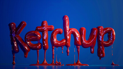 The word "Ketchup" creatively written in rich, red ketchup on a dark screen, creating a striking contrast. The glossy texture of the ketchup adds depth to the lettering, making it stand out 