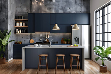 Contemporary modern kitchen interior in navy dark blue colors and concrete elements.