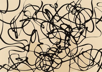 Obraz premium Abstract art pattern. Disorderly black ink lines doodling on an ivory background.