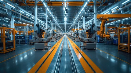 An expansive factory floor bustling with machinery, assembling automotive parts. The intricate dance of manual and automated processes under the bright industrial lights. Generative AI.