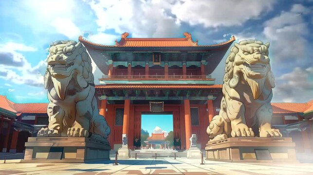Historic building gate of Chinese Palace. Ancient concept, anime illustration style, looping 4k video animation background