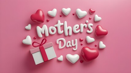 Mother's Day banner with sweet hearts and cute gift box on pink background.Promotion and shopping template or background for Love and Mother's day concept.Vector illustration.