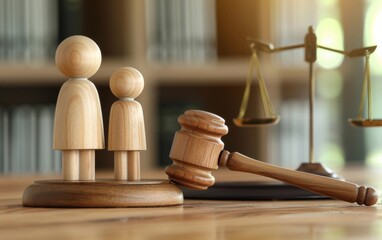Wooden Figurine Family Positioned Beside a Judge's Gavel in a Courtroom - Legal Decisions, Family Law Concepts - Family Counseling, Social Services.