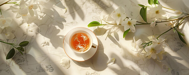 Composition with a cup of jasmine tea and flowers on a light background with space for text