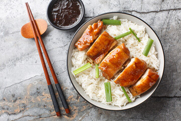 Soy Sauce Chicken See Yao Gai served with rice and dipping sauce closeup on the table. Horizontal top view from above