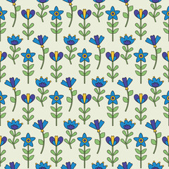 Blue seamless pattern of groovy hippie flowers in retro style vector illustration