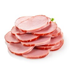 Boiled ham sausage slices on a white background