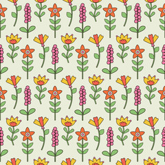 Bright seamless pattern of groovy hippie flowers in retro style vector illustration