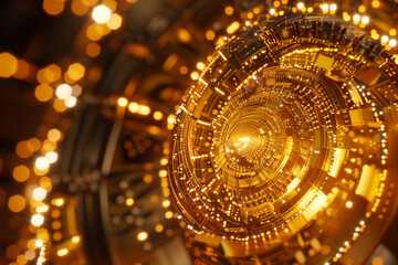 Interpret the process of cryptocurrency mining through a dazzling golden lens 3D render 