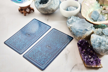 Mystical Tarot Cards and Crystals Composition