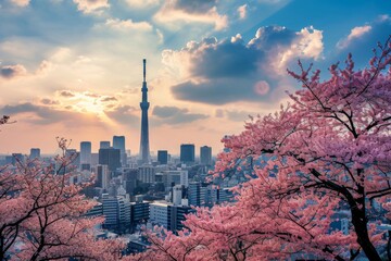 Tokyo skyline featuring cherry blossom trees, AI generated