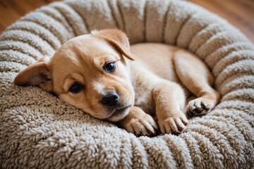 High angle view of cute puppy sleeping on pet bed at home - Powered by Adobe